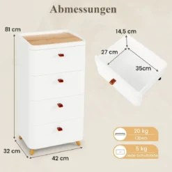 Nachtschrank mit 4 Schubladen Nachttisch Kommode mit abnehmbarem Organizer-Tablett Weiß 42 x 32 x 81,5 cm