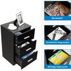 Nachttisch Aktenschrank mit 3 Schubladen Schubladencontainer Schwarz
