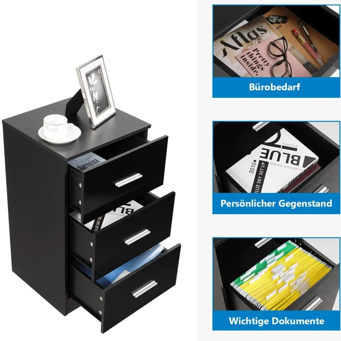 Nachttisch Aktenschrank mit 3 Schubladen Schubladencontainer Schwarz