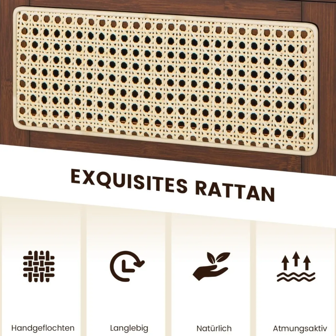 Nachttisch aus Bambus & Rattan mit Schublade und Beinen aus Massivholz Beistelltisch mit verstecktem Stauraum Braun