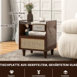 Nachttisch aus Bambus & Rattan mit Schublade und Beinen aus Massivholz Beistelltisch mit verstecktem Stauraum Braun