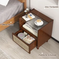 Nachttisch aus Bambus & Rattan mit Schublade und Beinen aus Massivholz Beistelltisch mit verstecktem Stauraum Braun