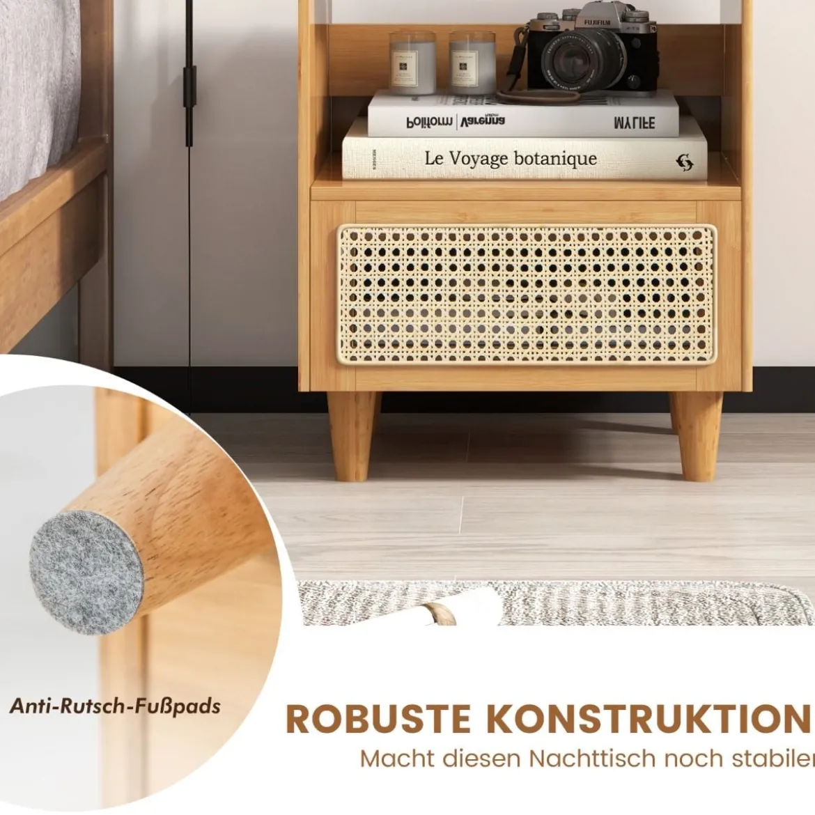 Nachttisch aus Bambus & Rattan mit Schublade Beistelltisch mit Verstecktem Stauraum Natur