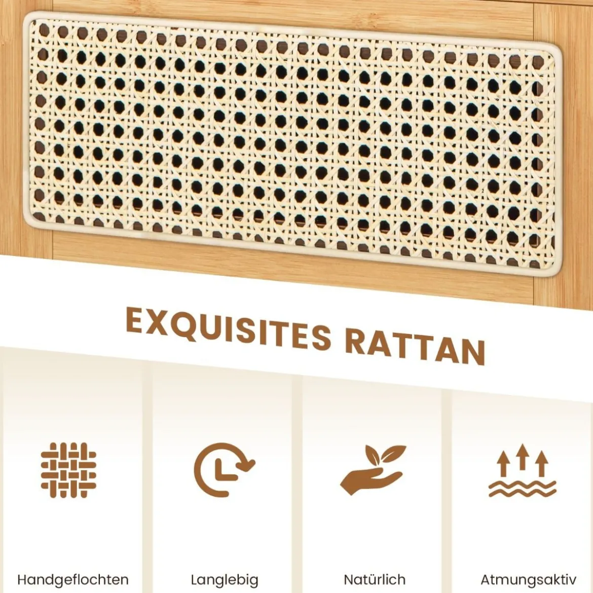Nachttisch aus Bambus & Rattan mit Schublade Beistelltisch mit Verstecktem Stauraum Natur