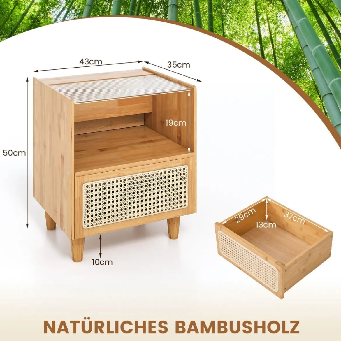 Nachttisch aus Bambus & Rattan mit Schublade Beistelltisch mit Verstecktem Stauraum Natur