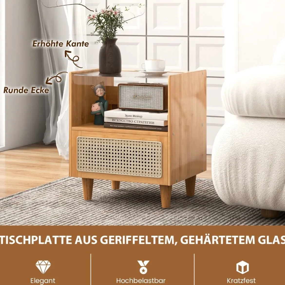 Nachttisch aus Bambus & Rattan mit Schublade Beistelltisch mit Verstecktem Stauraum Natur