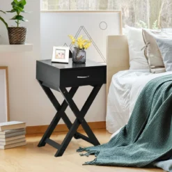 Nachttisch aus Holz Beistelltisch mit Schublade Nachtschrank Nachtkonsole Nachtkommode Schwarz