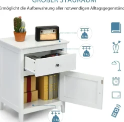 Nachttisch aus Kiefernholz mit Schublade & Tür & Geräumiger Tischplatte Nachtschrank Weiß