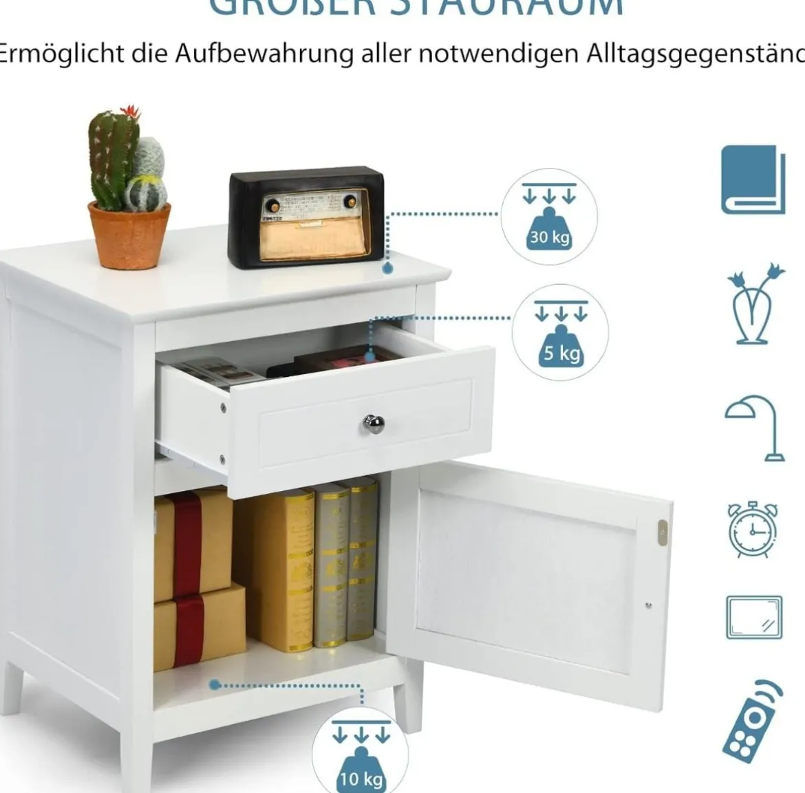Nachttisch aus Kiefernholz mit Schublade & Tür & Geräumiger Tischplatte Nachtschrank Weiß