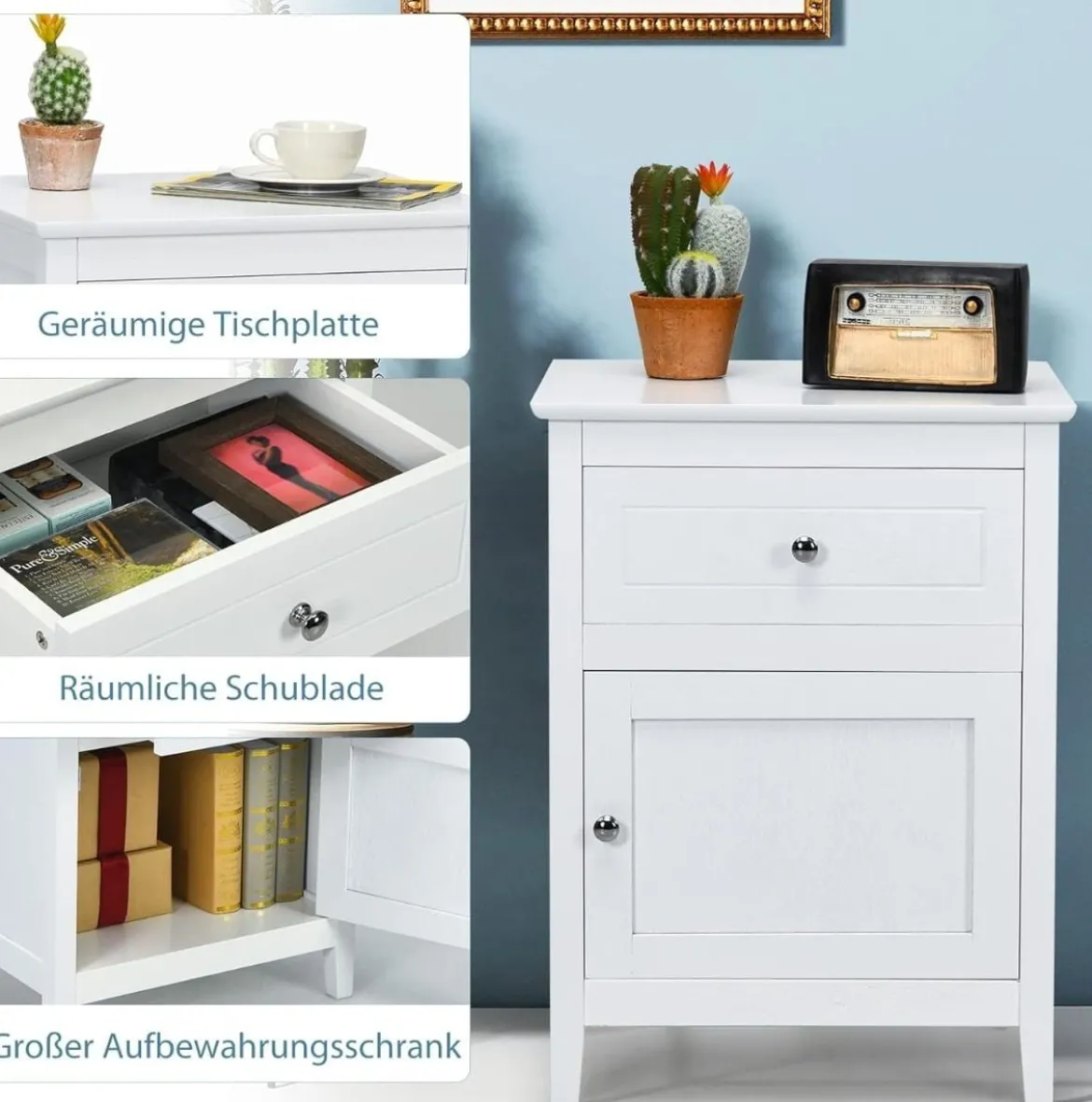 Nachttisch aus Kiefernholz mit Schublade & Tür & Geräumiger Tischplatte Nachtschrank Weiß