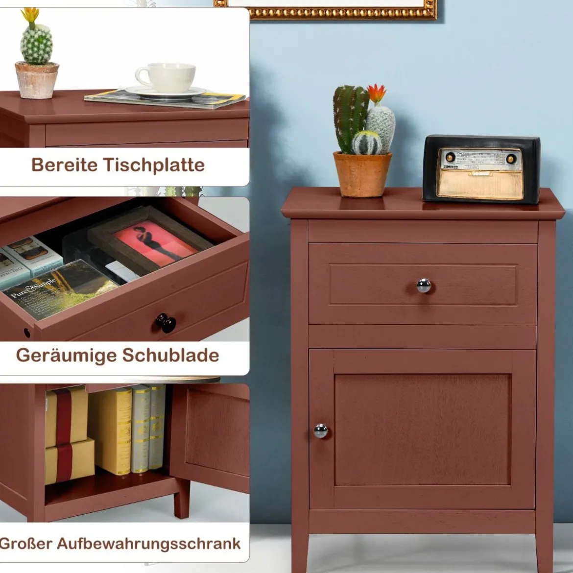 Nachttisch aus Kiefernholz mit Schublade und Tür Beistelltisch Braun