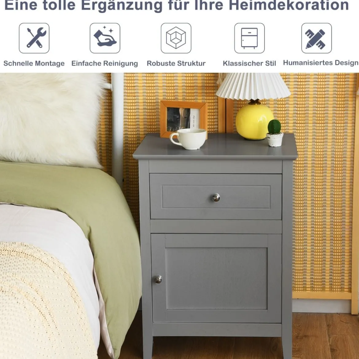 Nachttisch aus Kiefernholz mit Schublade und Tür 2-stufiger Akzenttisch Beistelltisch Hellgrau