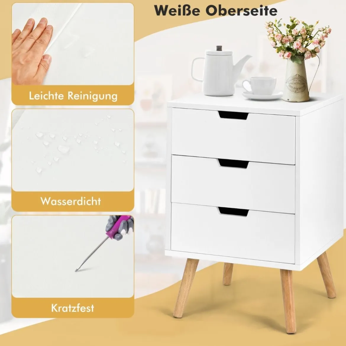 Nachttisch aus Massivem Holz mit 3 Schubladen Modern 40 x 40 x 60 cm Weiß