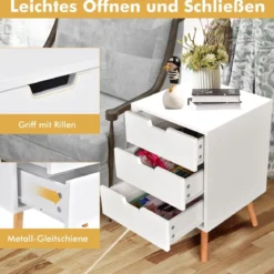 Nachttisch aus Massivem Holz mit 3 Schubladen Modern 40 x 40 x 60 cm Weiß