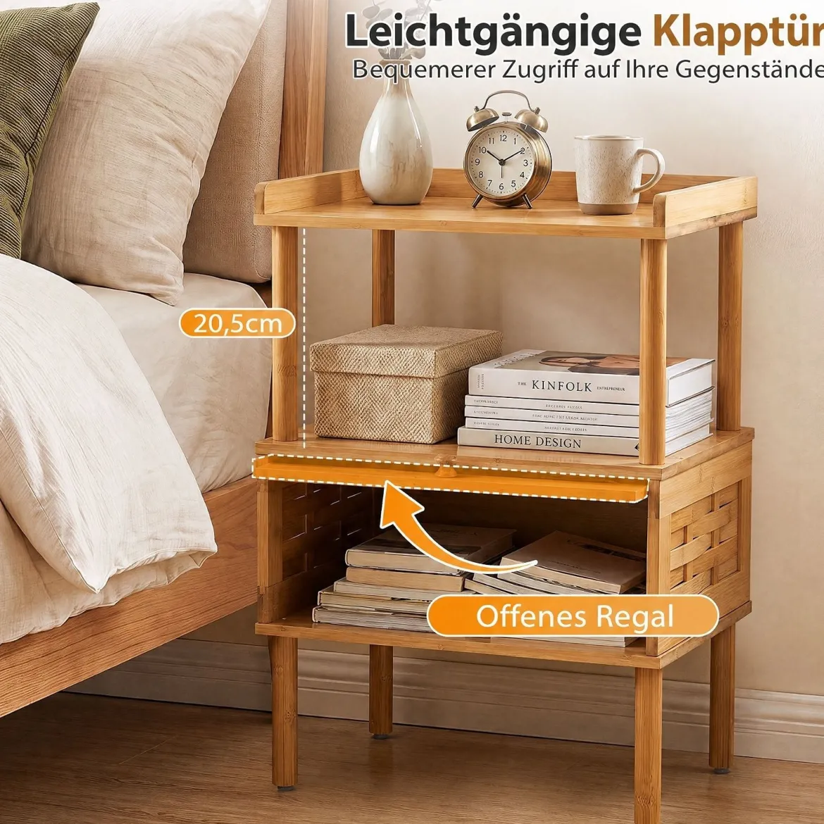 Nachttisch Bambus mit Offenem Regal & Klapptür mit Magnetverschluss 41 x 31 x 59 cm Natur