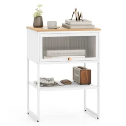Nachttisch Beistelltisch Holz Nachtschrank mit Metallrahmen & Ablage & durchsichtiger Tür 40 x 32 x 56 cm Weiß