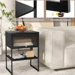 Nachttisch Beistelltisch Holz Nachtschrank mit Metallrahmen & Ablage & durchsichtiger Tür 40 x 32 x 56 cm Schwarz