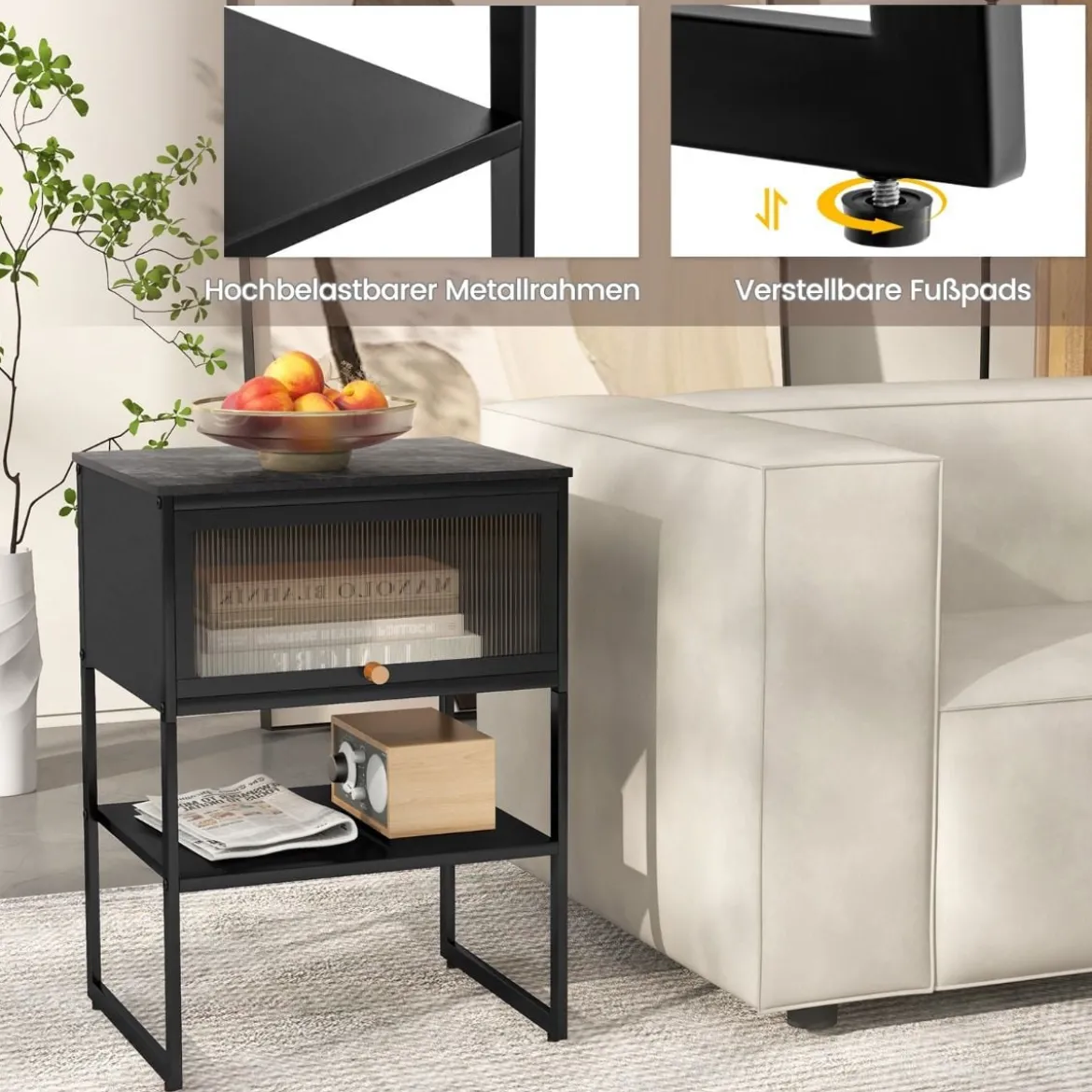 Nachttisch Beistelltisch Holz Nachtschrank mit Metallrahmen & Ablage & durchsichtiger Tür 40 x 32 x 56 cm Schwarz