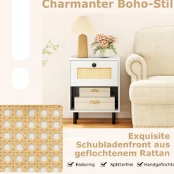 Nachttisch Boho-Stil mit Rattan-Schublade 4 stabile Beine 2 Kippsicherungen 40x30x52cm weiß