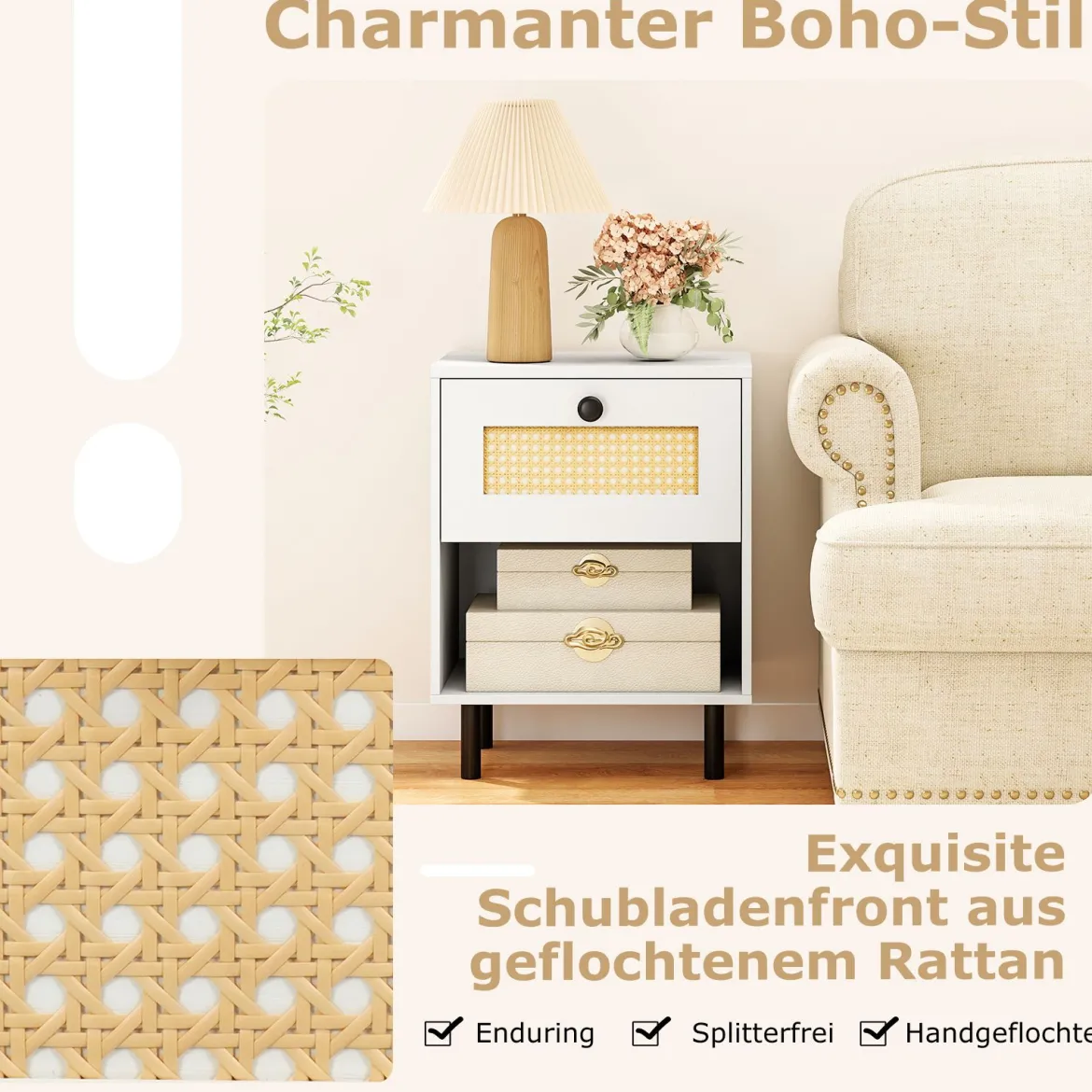 Nachttisch Boho-Stil mit Rattan-Schublade 4 stabile Beine 2 Kippsicherungen 40x30x52cm weiß