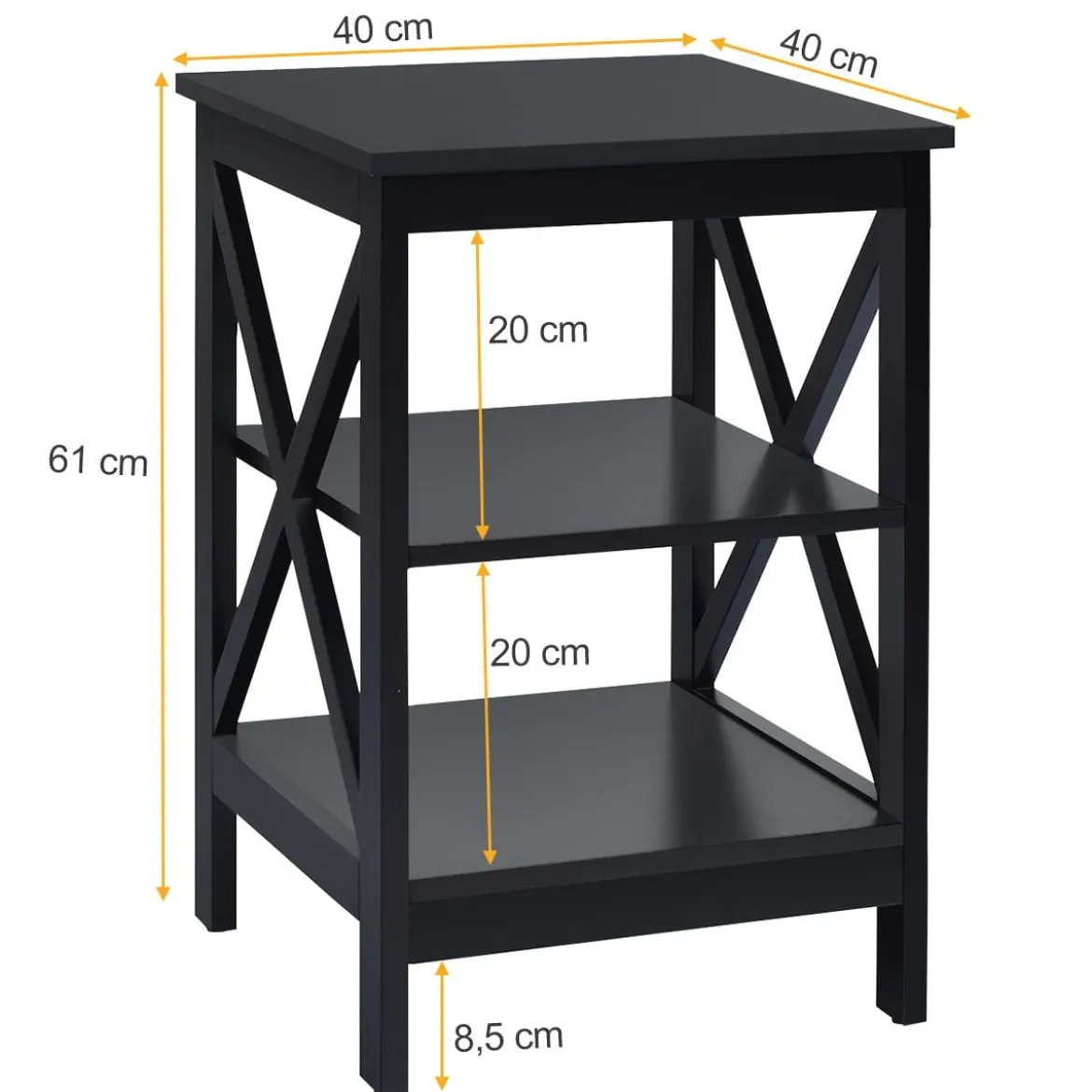 Nachttisch 3 Ebenen Beistelltisch 2 Pack Nachtschrank 40 x 40 x 61 cm Sofatisch Schwarz