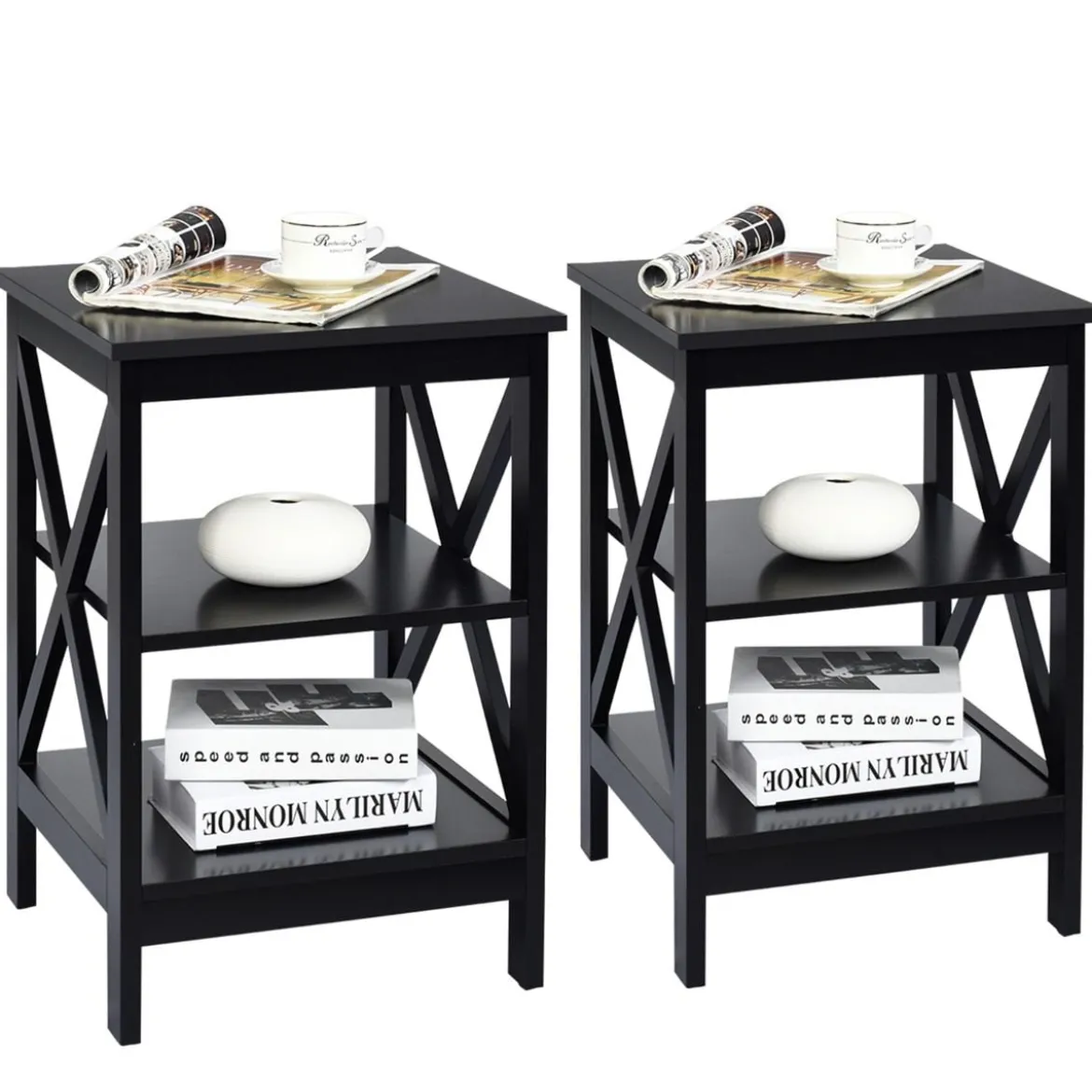 Nachttisch 3 Ebenen Beistelltisch 2 Pack Nachtschrank 40 x 40 x 61 cm Sofatisch Schwarz