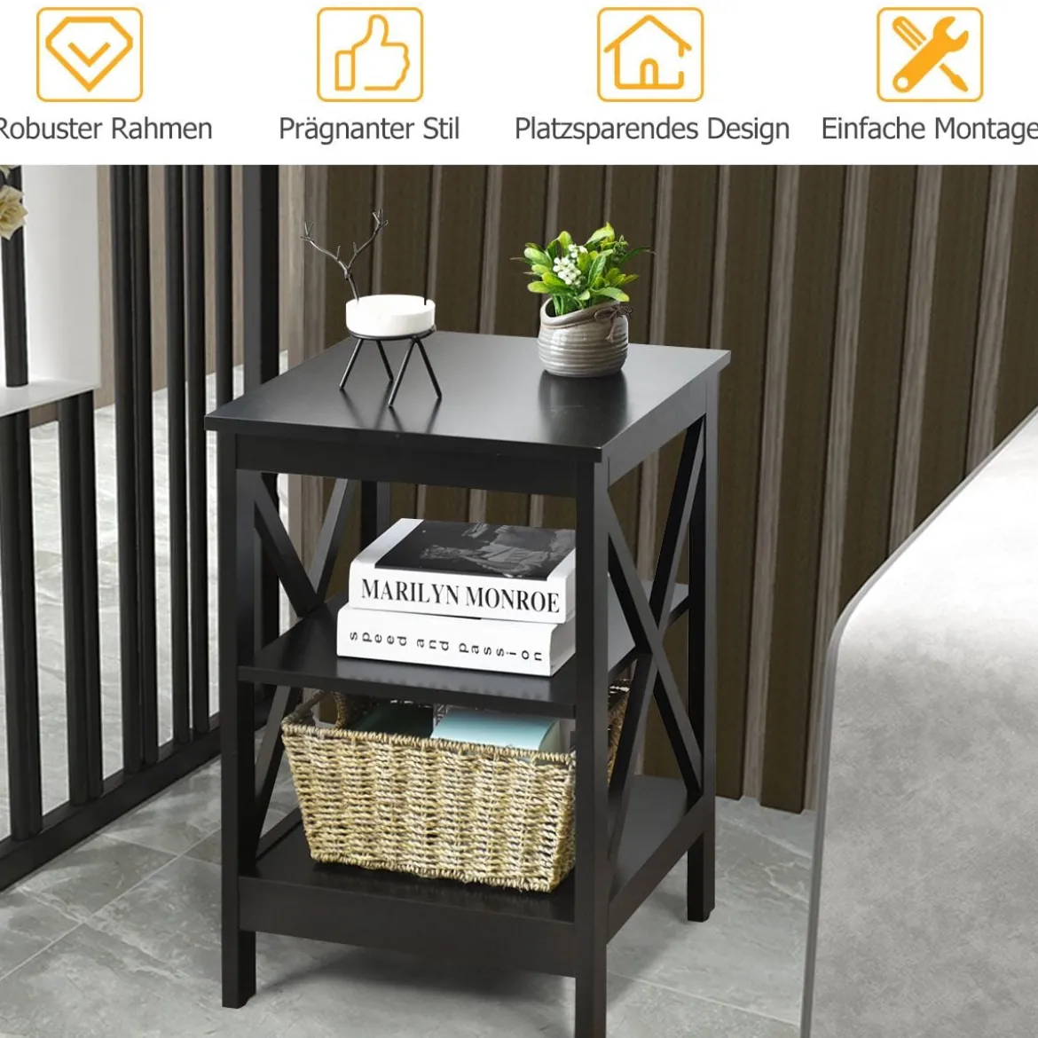 Nachttisch 3 Ebenen Beistelltisch 2 Pack Nachtschrank 40 x 40 x 61 cm Sofatisch Schwarz