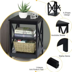 Nachttisch 3 Ebenen Beistelltisch 2 Pack Nachtschrank 40 x 40 x 61 cm Sofatisch Schwarz