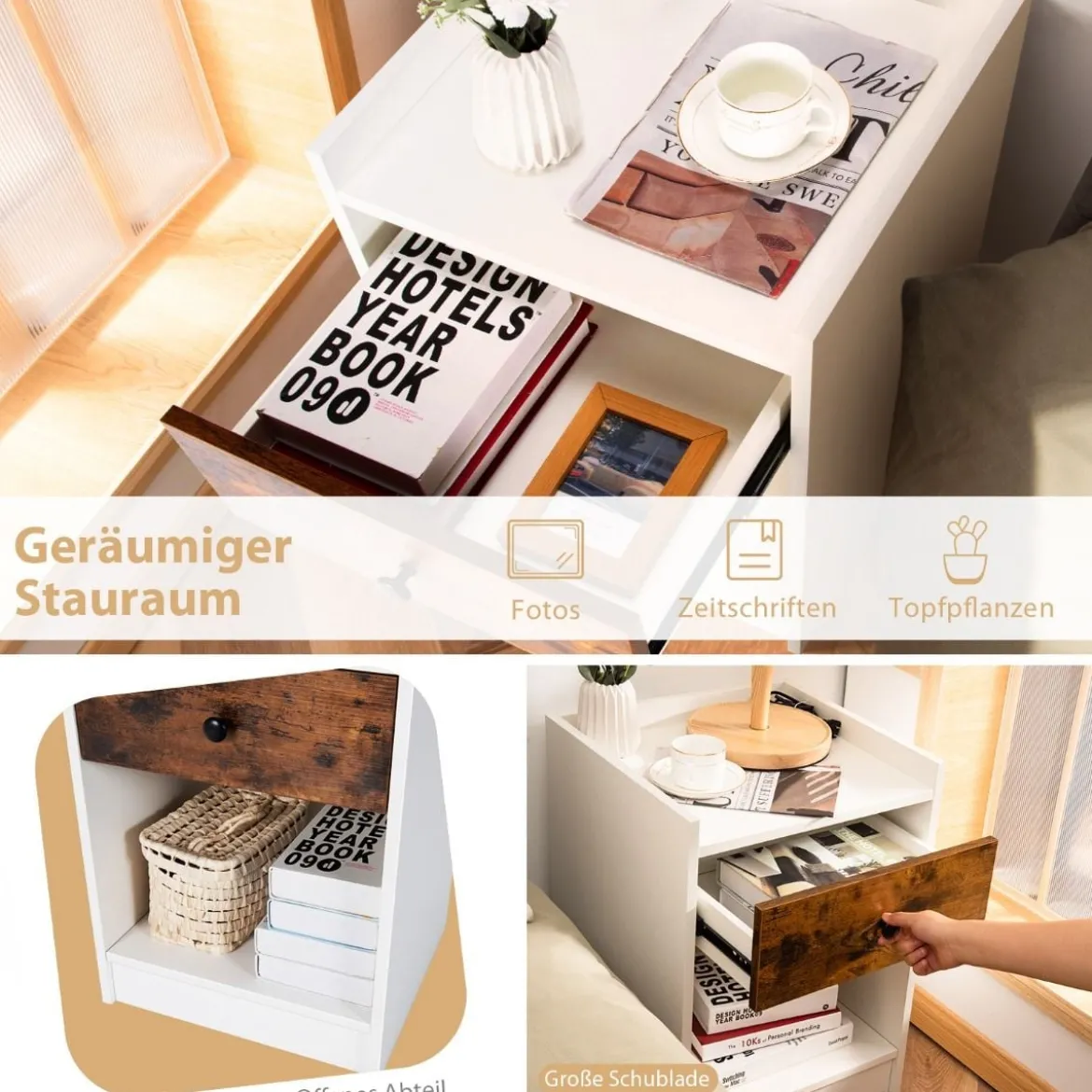 Nachttische 2er Set Moderne Beistelltische mit Aufbewahrungsschublade & offenem Fach 43 x 40 x 60 cm Weiß