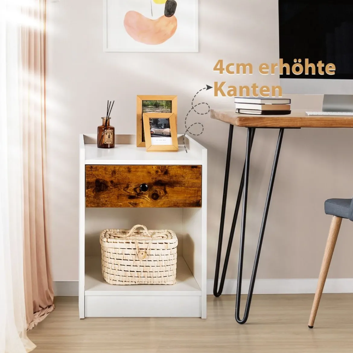 Nachttische 2er Set Moderne Beistelltische mit Aufbewahrungsschublade & offenem Fach 43 x 40 x 60 cm Weiß