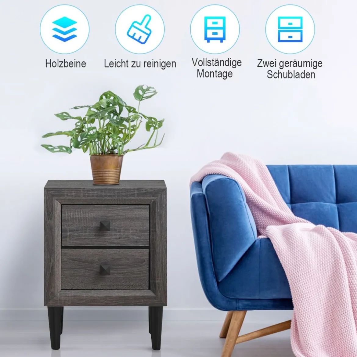 Nachttische Holz Beistelltisch mit 2 Schubladen Kaffeetisch modern Sofatisch Grau