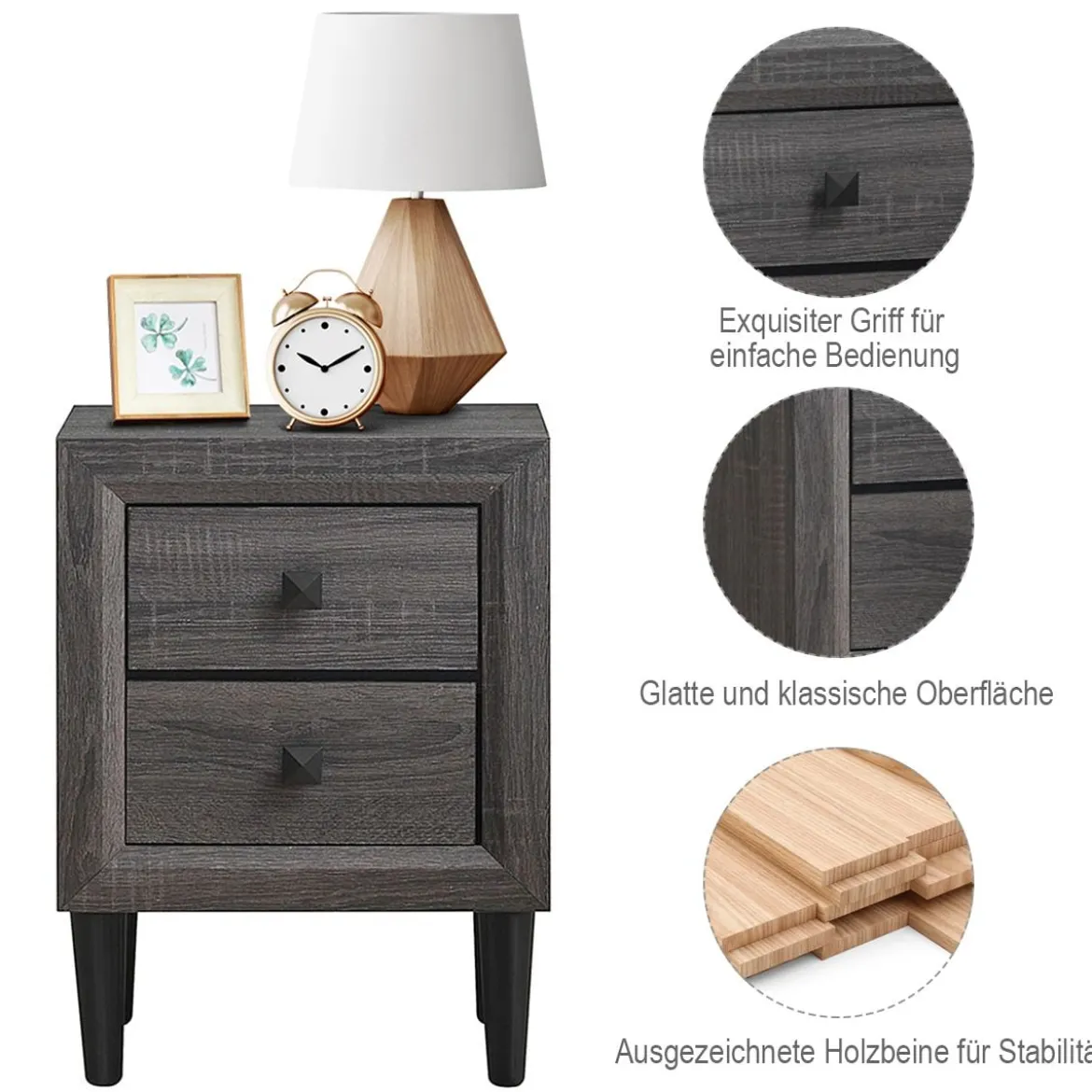 Nachttische Holz Beistelltisch mit 2 Schubladen Kaffeetisch modern Sofatisch Grau