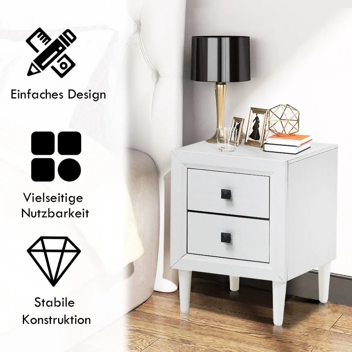 Nachttische Holz Beistelltisch mit 2 Schubladen Kaffeetisch modern Sofatisch Weiß