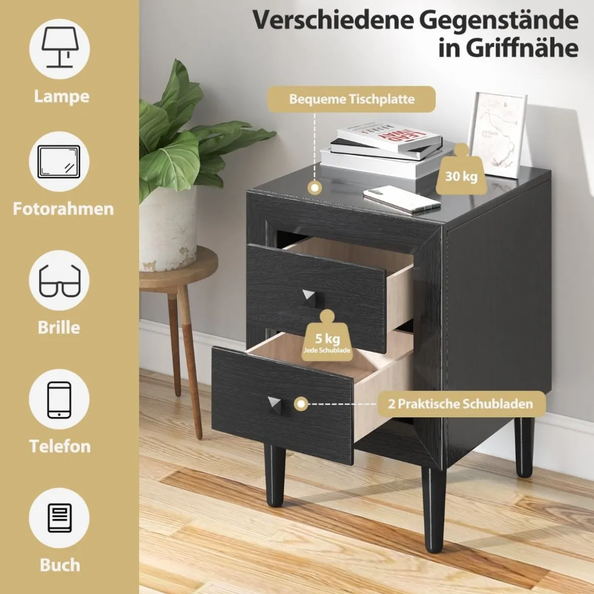 Nachttische Holz Beistelltisch mit 2 Schubladen Kaffeetisch modern Sofatisch Schwarz
