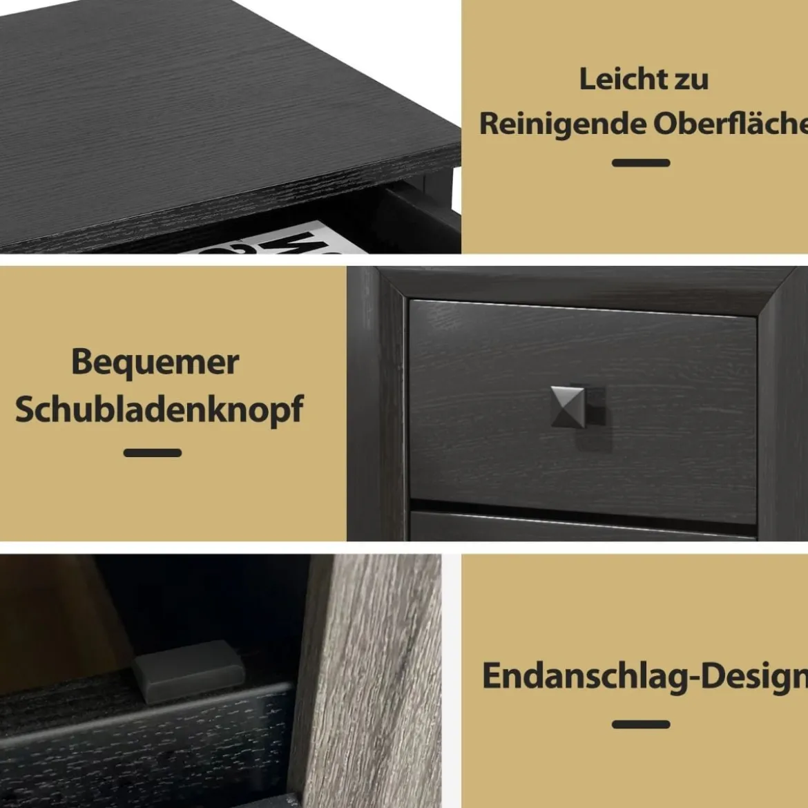 Nachttische Holz Beistelltisch mit 2 Schubladen Kaffeetisch modern Sofatisch Schwarz