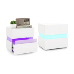 Nachttisch 1/2er Set LED Nachtkästchen Hochglanz Nachtschrank Nachtkommode mit 2 Schubladen Schwarz/Weiß