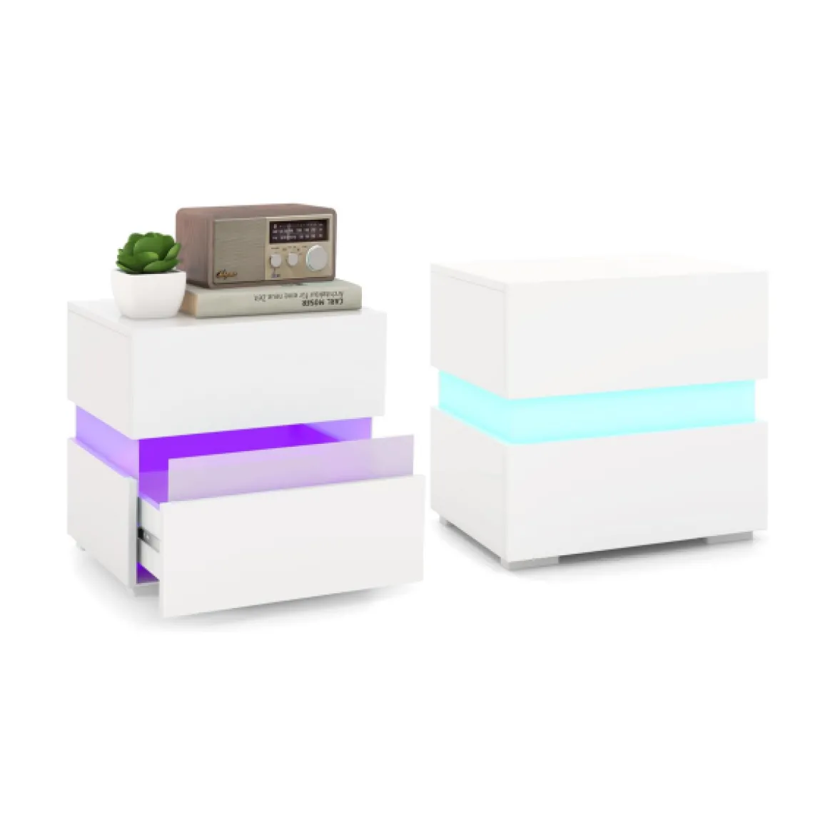 Nachttisch 1/2er Set LED Nachtkästchen Hochglanz Nachtschrank Nachtkommode mit 2 Schubladen Schwarz/Weiß