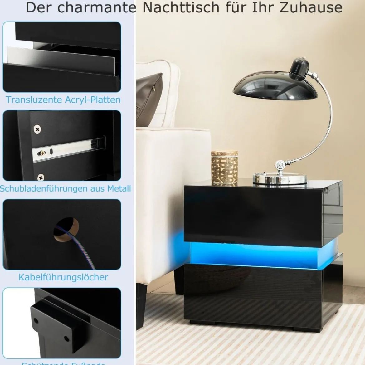 Nachttisch 1/2er Set LED Nachtkästchen Hochglanz Nachtschrank Nachtkommode mit 2 Schubladen Schwarz/Weiß