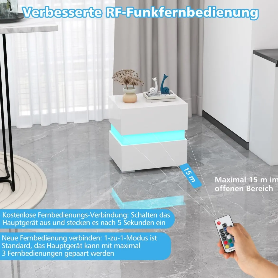 Nachttisch 1/2er Set LED Nachtkästchen Hochglanz Nachtschrank Nachtkommode mit 2 Schubladen Schwarz/Weiß