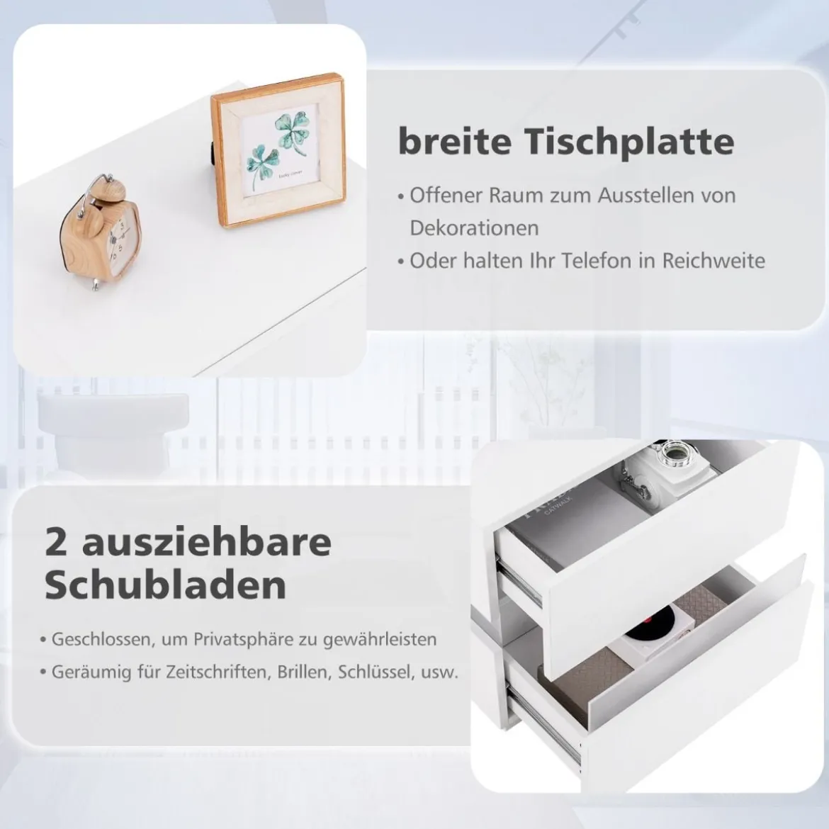 Nachttisch 1/2er Set LED Nachtkästchen Hochglanz Nachtschrank Nachtkommode mit 2 Schubladen Schwarz/Weiß