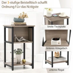 Nachttisch mit Ablage & Verstellbaren Fußpolstern Beistelltisch Sofatisch Nachtschrank 34 x 30 x 58,5 cm