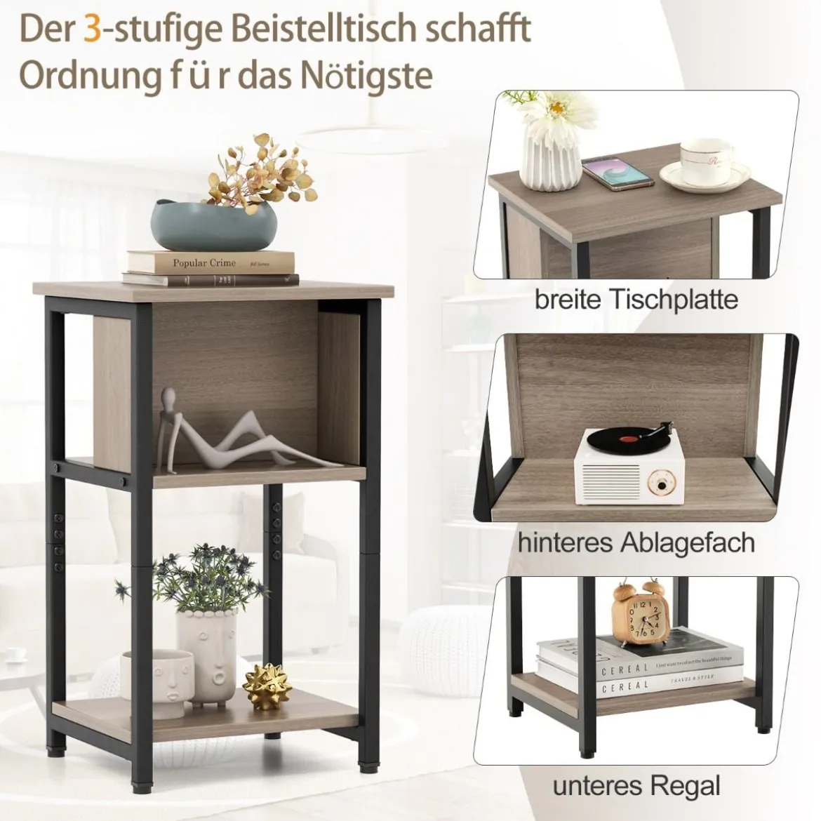 Nachttisch mit Ablage & Verstellbaren Fußpolstern Beistelltisch Sofatisch Nachtschrank 34 x 30 x 58,5 cm