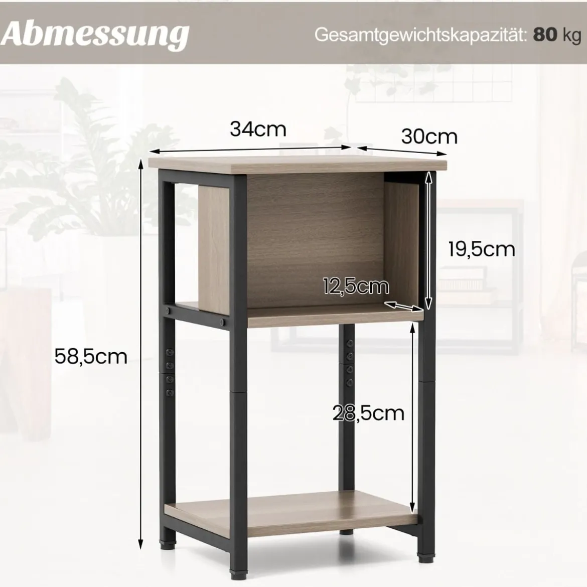 Nachttisch mit Ablage & Verstellbaren Fußpolstern Beistelltisch Sofatisch Nachtschrank 34 x 30 x 58,5 cm