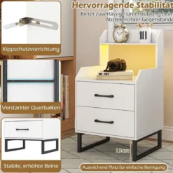 Nachttisch mit Integrierter Ladestation & LED-Lichtern & 2 Schubladen Moderner Beistelltisch Weiß