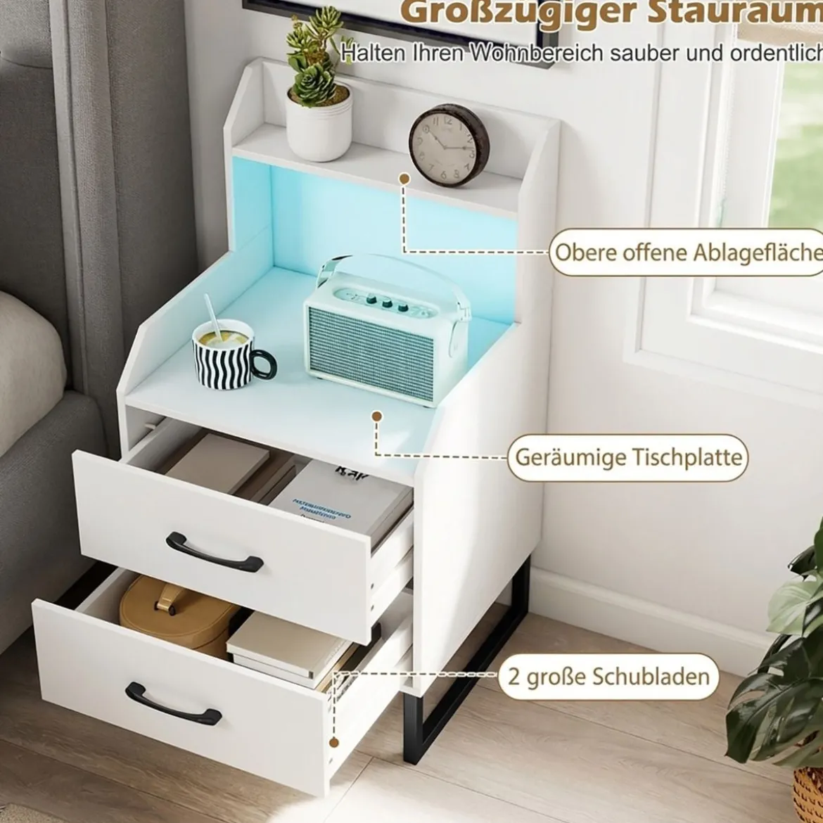 Nachttisch mit Integrierter Ladestation & LED-Lichtern & 2 Schubladen Moderner Beistelltisch Weiß