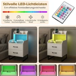 Nachttisch mit Integrierter Ladestation & LED-Lichtern & 2 Schubladen Moderner Beistelltisch Weiß