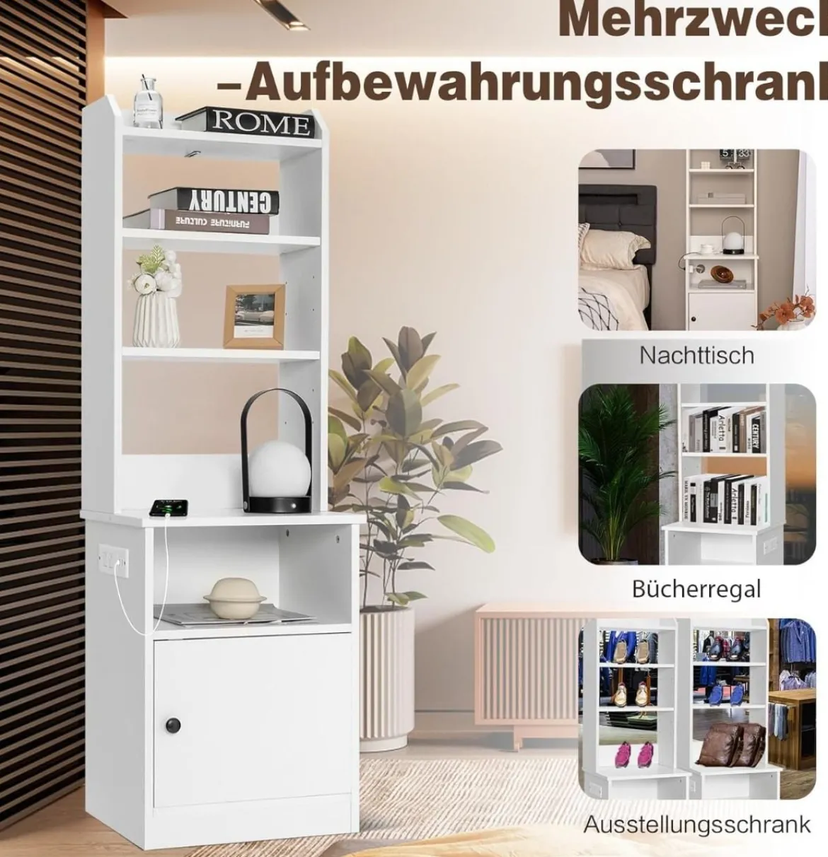 Nachttisch mit Ladefunktion Nachtschrank mit offenen Regalen und Schrank für Boxspringbett 45 x 36 x 140,5 cm Weiß