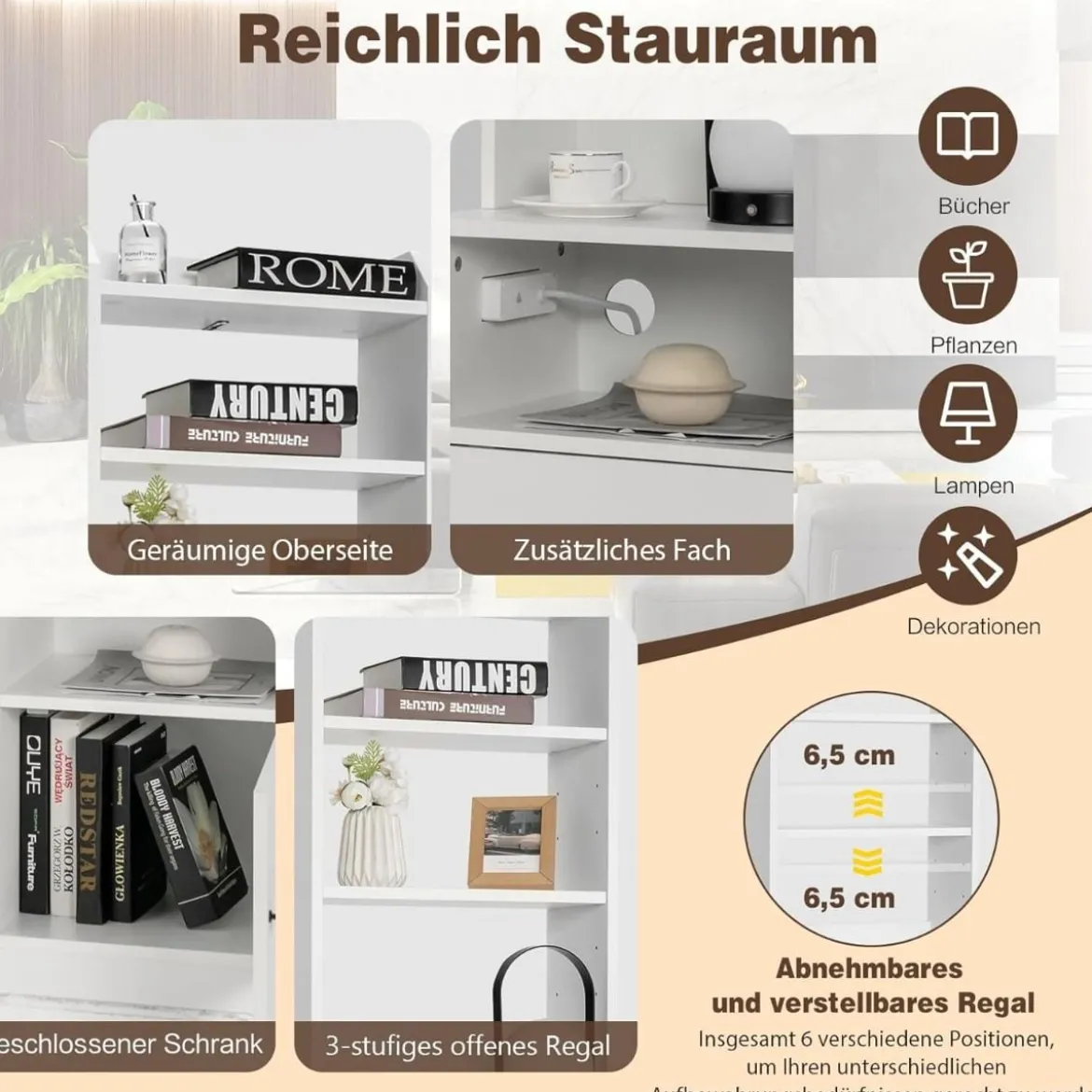 Nachttisch mit Ladefunktion Nachtschrank mit offenen Regalen und Schrank für Boxspringbett 45 x 36 x 140,5 cm Weiß