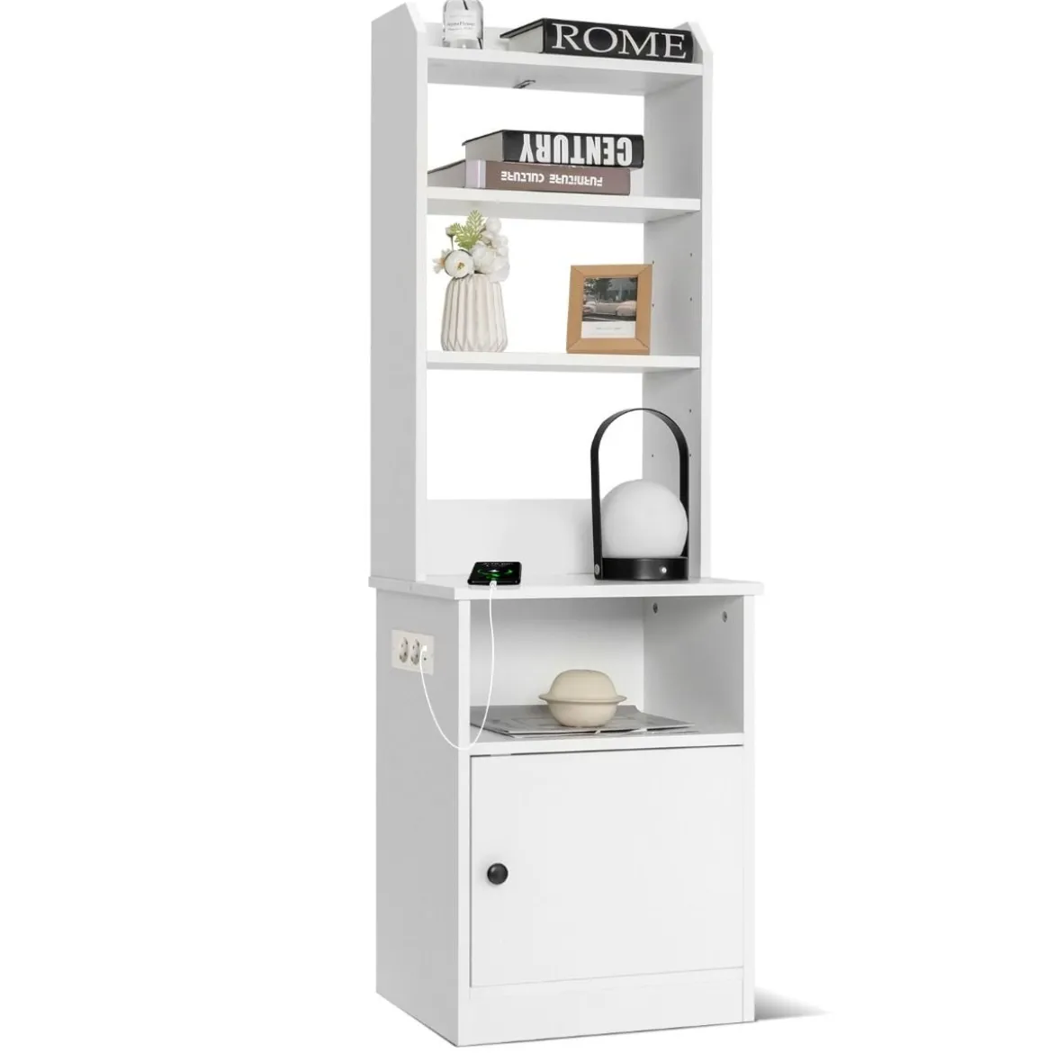 Nachttisch mit Ladefunktion Nachtschrank mit offenen Regalen und Schrank für Boxspringbett 45 x 36 x 140,5 cm Weiß