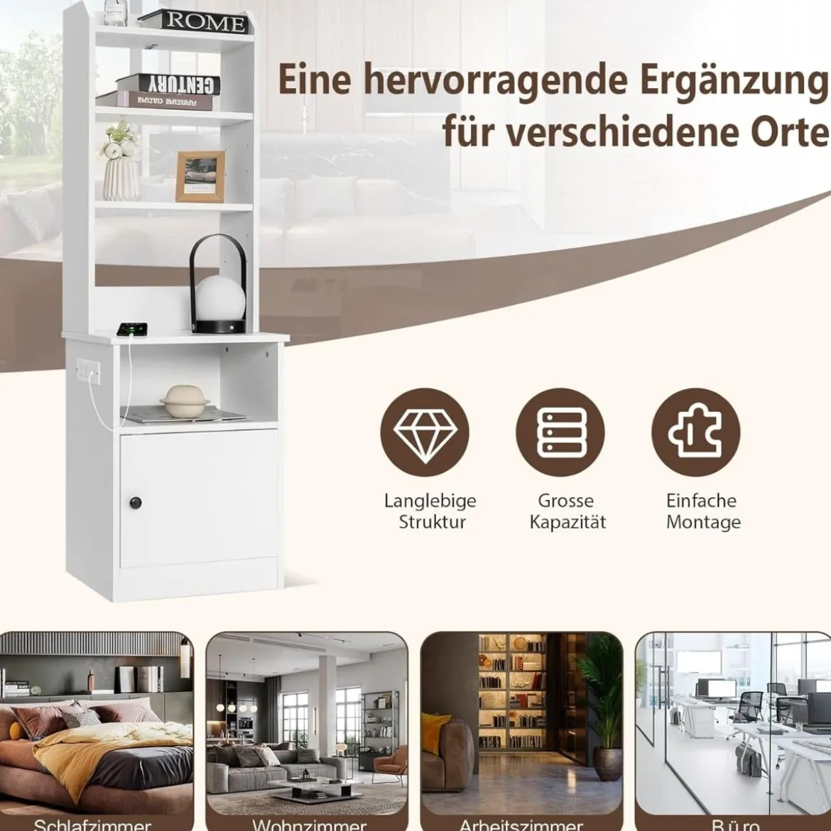 Nachttisch mit Ladefunktion Nachtschrank mit offenen Regalen und Schrank für Boxspringbett 45 x 36 x 140,5 cm Weiß
